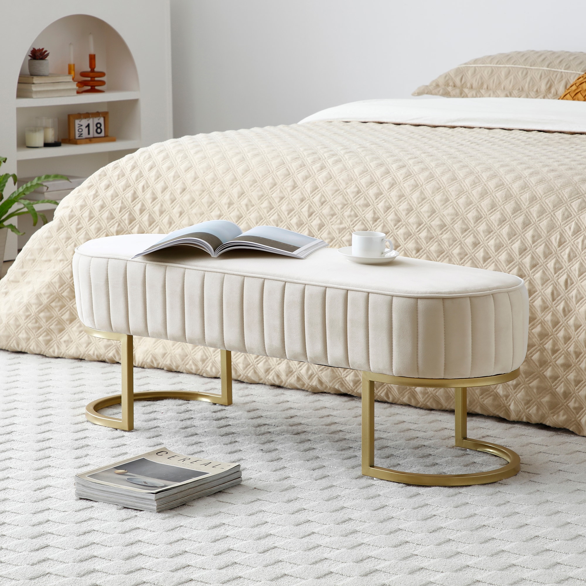 Bench Bedroom Bench ,Velvet Oval Upholstered End Of Bed Bench With Golden Metal Legs ,48" Modern Storage Ottoman Bench For BedroomLiving Room, Entryway Window ,Begie_voghion.com
